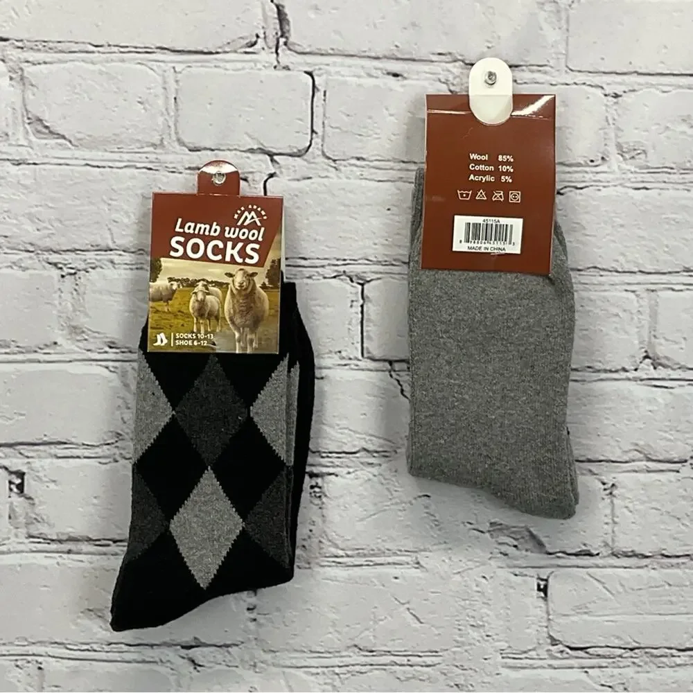 Max Adams Lamb Wool Socks Men's Size 10-13 Black Gray Argyle 2 Pair Casual Comfy